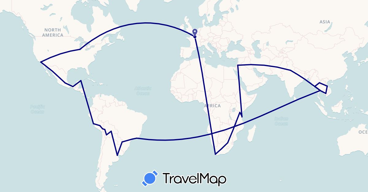 TravelMap itinerary: driving in Argentina, Bolivia, Brazil, France, India, Jordan, Cambodia, Laos, Myanmar (Burma), Mexico, Peru, Thailand, Tanzania, United States, South Africa (Africa, Asia, Europe, North America, South America)